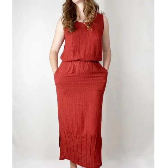 Vintage Linen Matching Skirt Set Midi Maxi Tank Top Tunic Blouse Pleats Bohemian - Picture 4 of 6